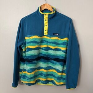 Lands'‎ End Womens L Teal Green Yellow Wave Print Fleece Pullover Quarter Snap